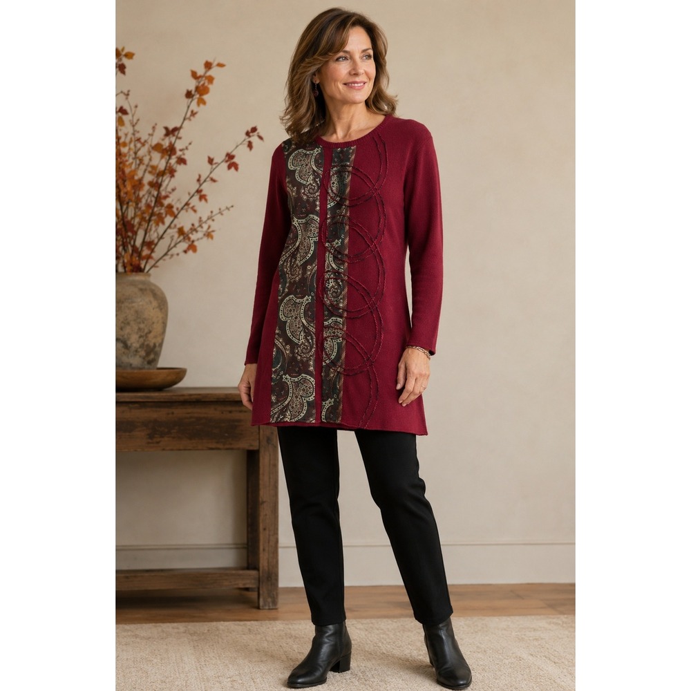 KOOS 100% Silk Tunic Sweater Womens M Burgundy Paisley Brocade Wearable Art NWT
